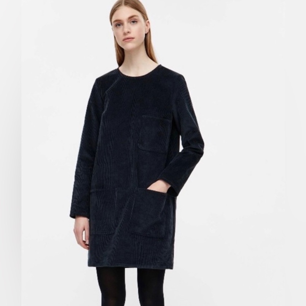 NWOT COS Navy Corduroy Long Sleeve Shift Mod Mini Dress, Size 8 - Picture 7 of 16